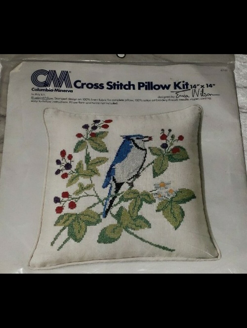MCM 1977 Columbia Minerva Erica Wilson "Bluebird Pillow" Cross-Stitch Pillow Kit